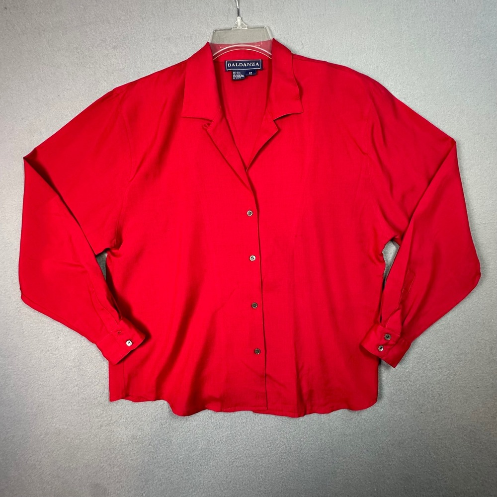 Baldanza Silk Wool Button Down Shirt Red Notched‎ Lapel Vintage Size 12 Womens